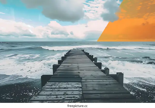 Wooden Pier Extending Into Ocean With Waves Crashing
