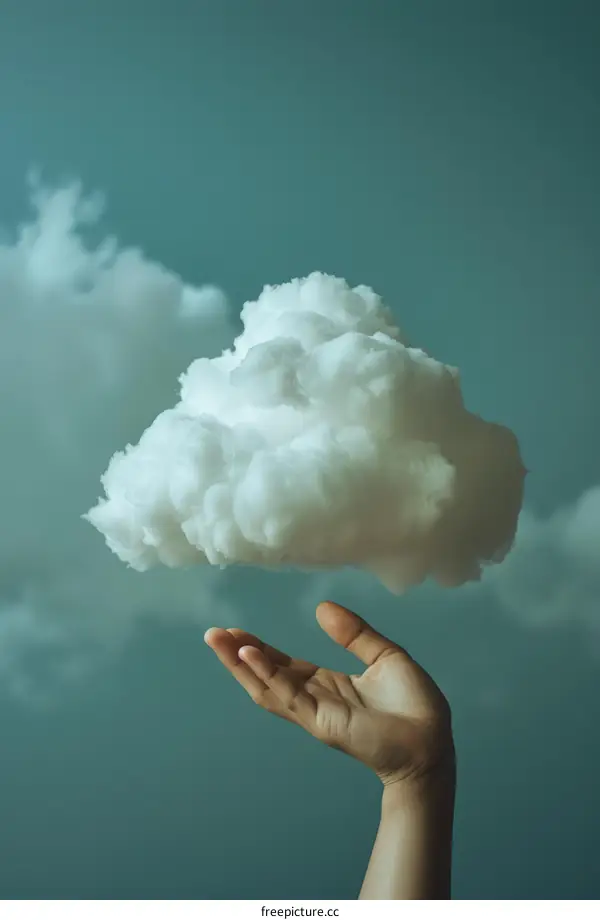 A hand holding a cotton-like cloud against a blue sky background