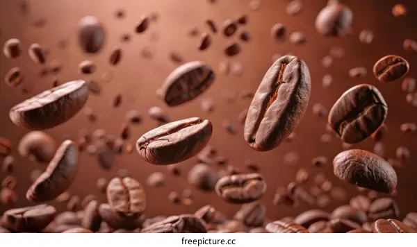 Close-up of roasted coffee beans falling