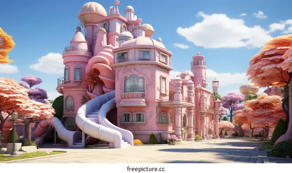 A pink and white cartoon house with a slide coming out of it