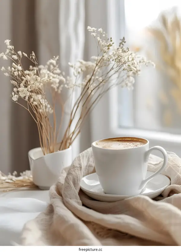 Cup of Coffee on a Beige Cloth Near a Window