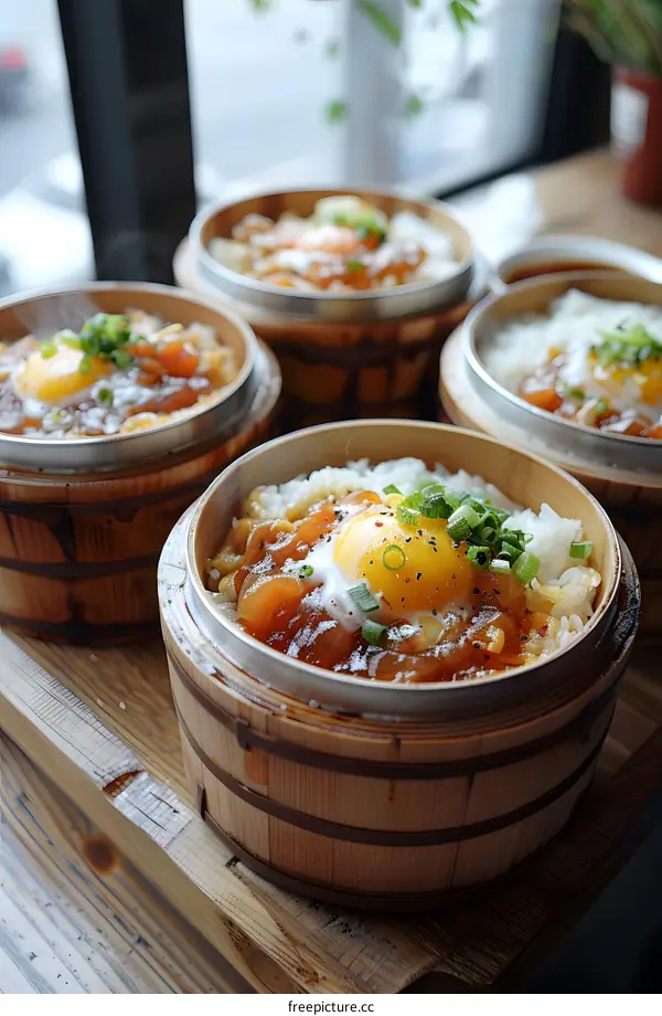 Steamed Rice with Egg and Sauce in Wooden Bowl