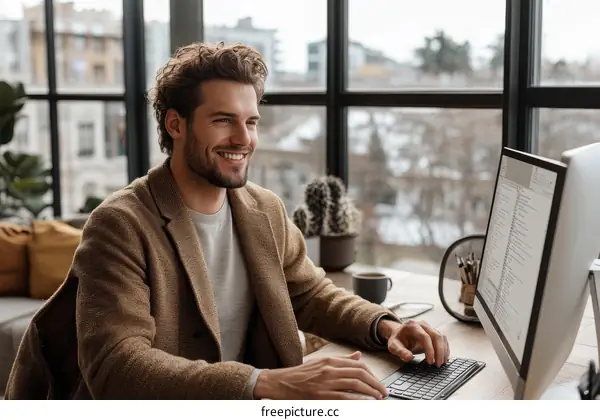 Caucasian Man Working on Computer in Modern Office