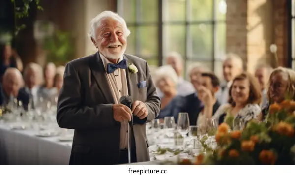 Happy grandfather giving a speech at a wedding reception