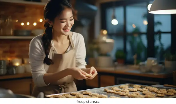 Asian woman making cookies in the kitchen