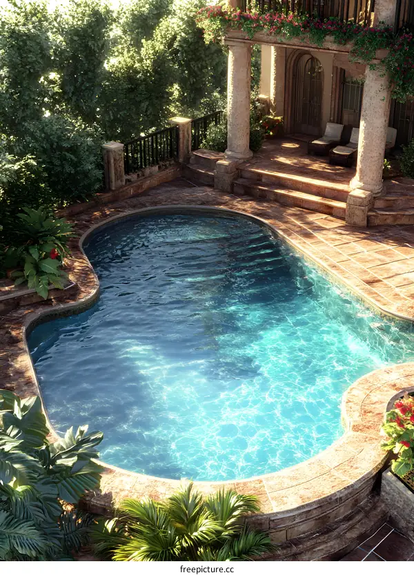 Swimming Pool and Luxury Villa with Tropical Plants