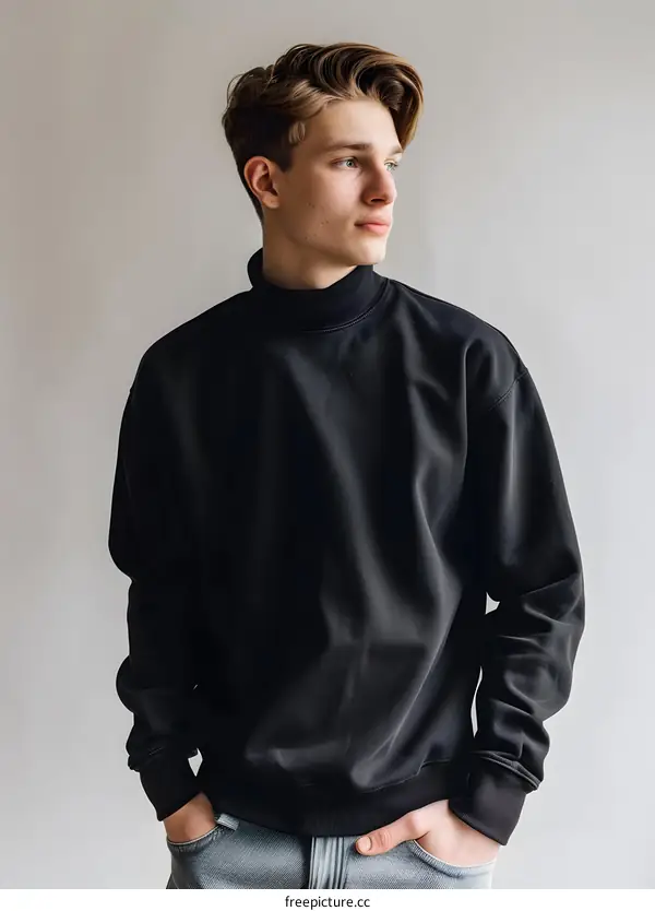Young Man in Black Mock Neck Sweater Looking Away