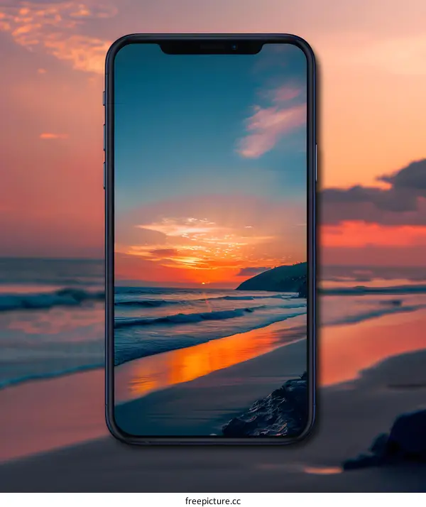 Smartphone Displaying Beach Sunset Landscape