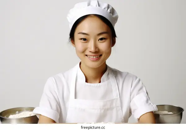 Portrait of a young Asian female baker smiling in a white chef's uniform