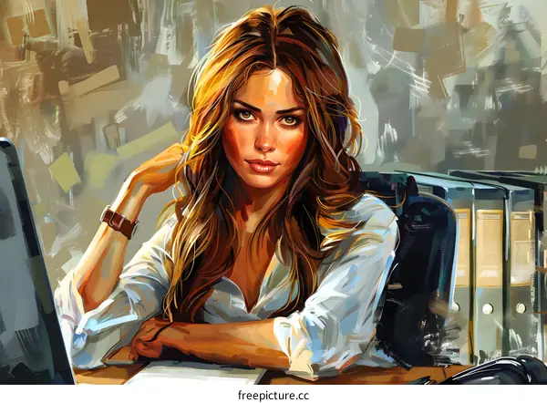 Portrait of a Beautiful Woman with Long Brown Hair and Blue Eyes