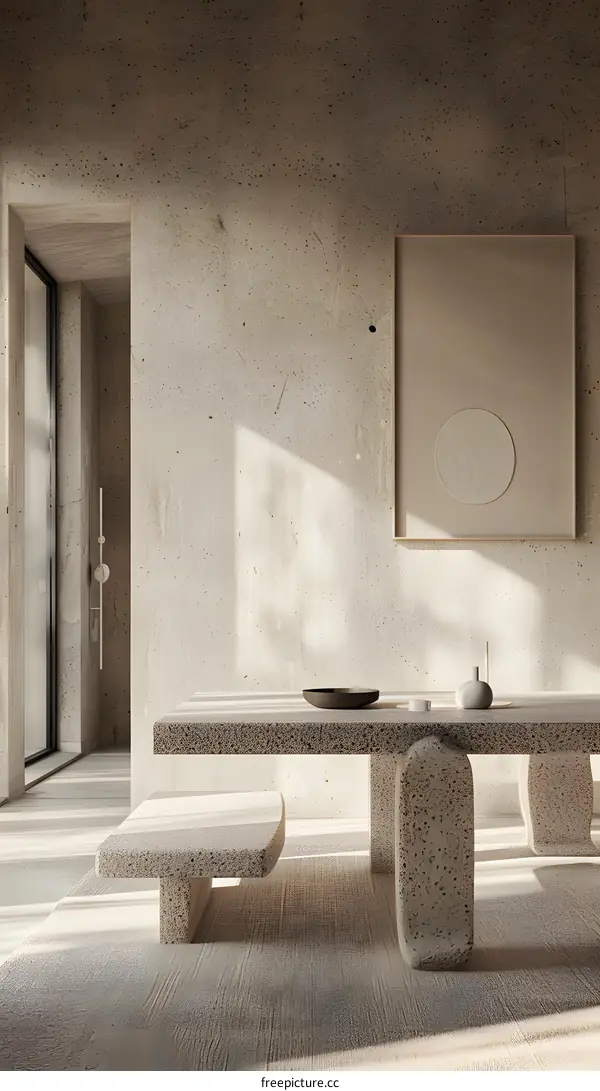 Minimalist Interior Design with Concrete Walls and Stone Furniture