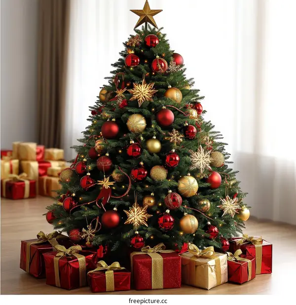 Christmas Tree Decorated with Red and Gold Ornaments