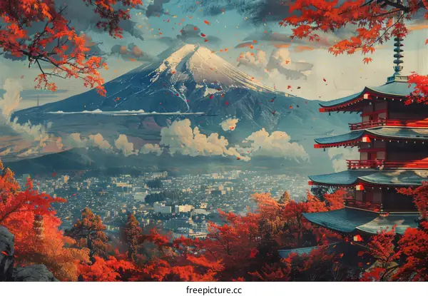 Pagoda near Mount Fuji with red maple leaves