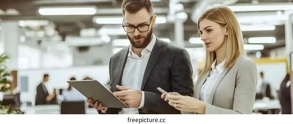 Business Colleagues Discussing Project on Tablet in Modern Office