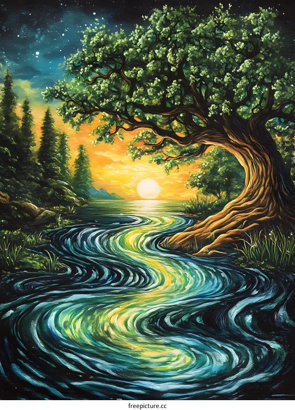 Sunset Painting with a Tree and a River