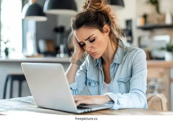 Stressed Woman Working on Laptop in Home Office