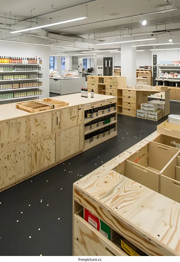 Wooden Shelves and Storage Units in a Modern Store
