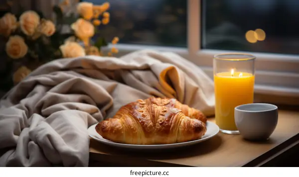 A Cozy Breakfast Nook with Croissants, Coffee, and Flowers