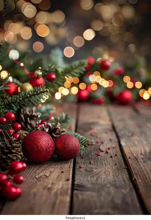 Festive Christmas Background with Red and Gold Ornaments