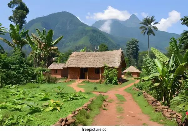 Thatched roof hut in a lush green valley surrounded by banana trees and mountains in the background