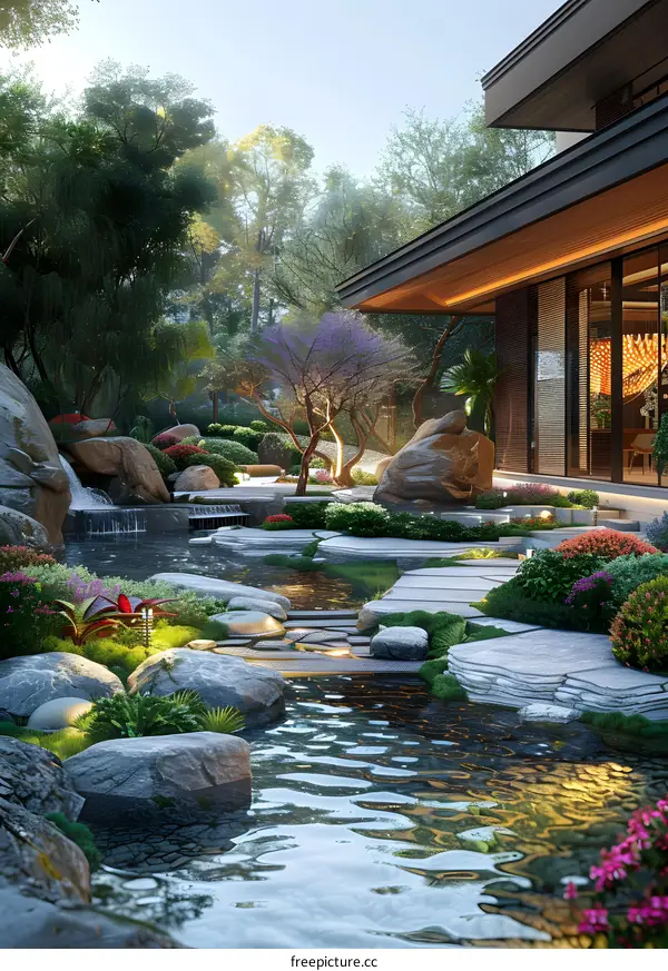 A modern courtyard with a beautiful garden
