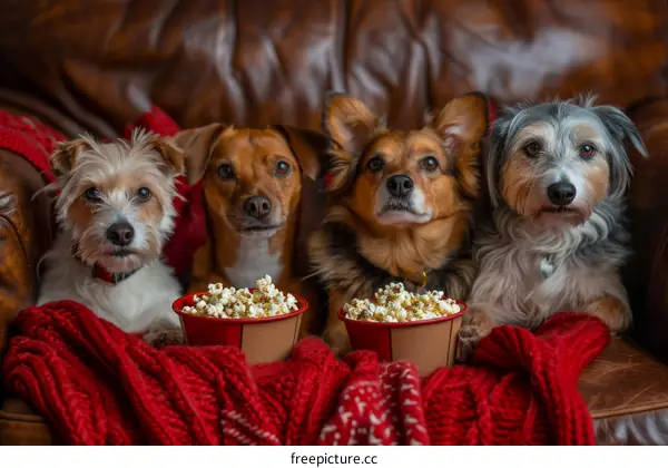 Four dogs are sitting on a couch and watching TV