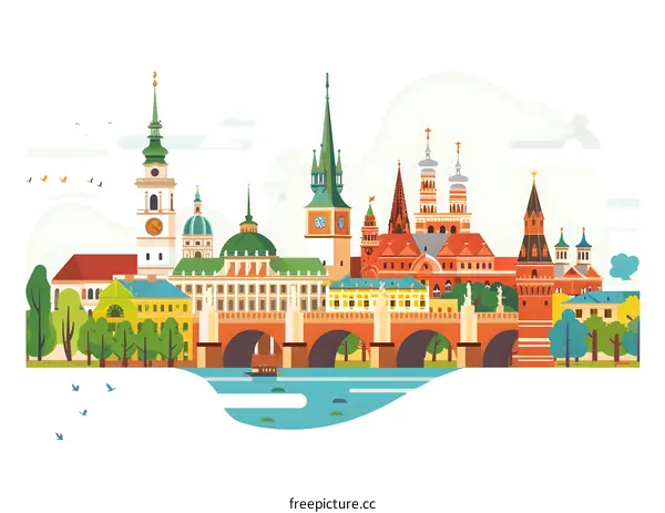 Colorful Cityscape Illustration with Buildings, Bridge, and River