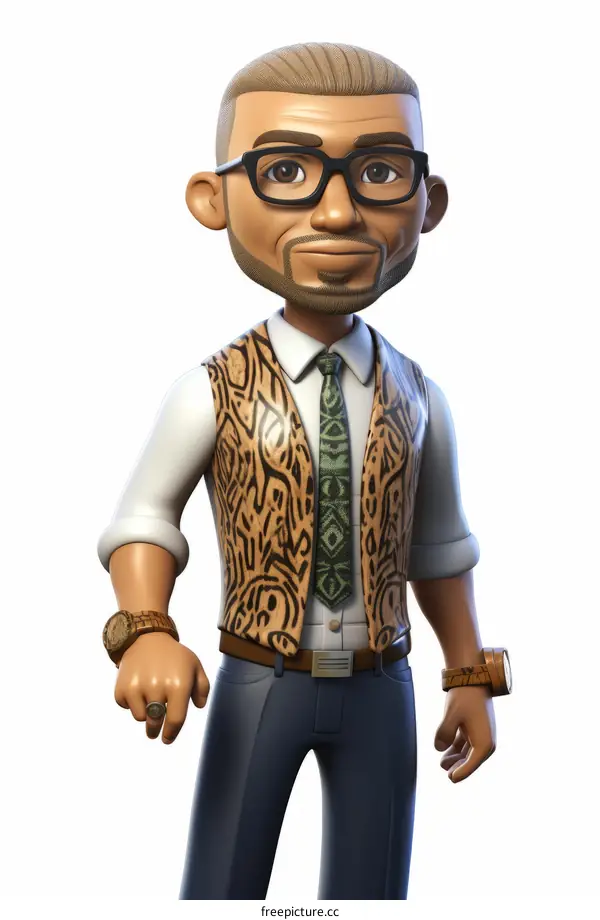 A 3D rendering of a man wearing a white shirt, brown vest, and glasses