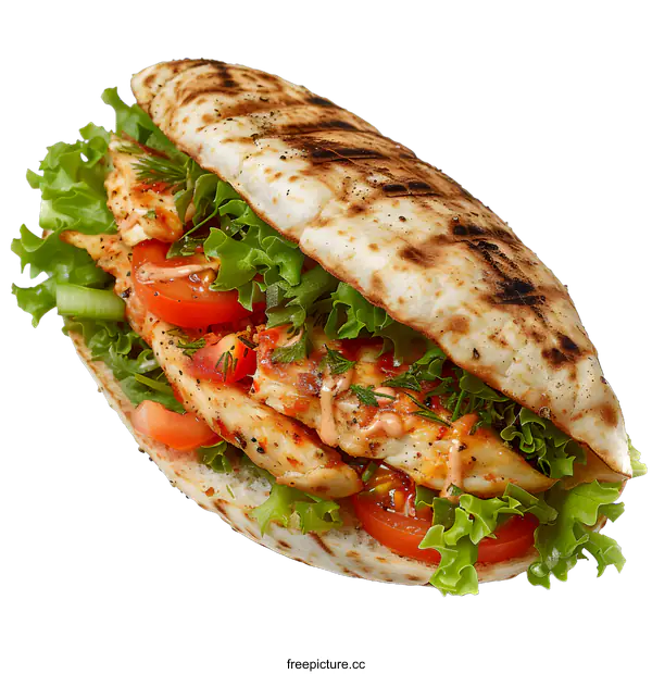 [Transparent Background PNG]pita bread sandwich with chicken, tomatoes, lettuce and sauce