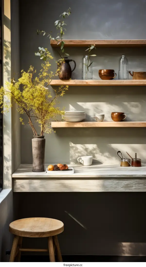 kitchen shelves with yellow flowers and ceramic vase