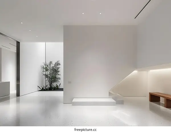 Modern Minimalist Interior Design with White Walls and a Small Courtyard