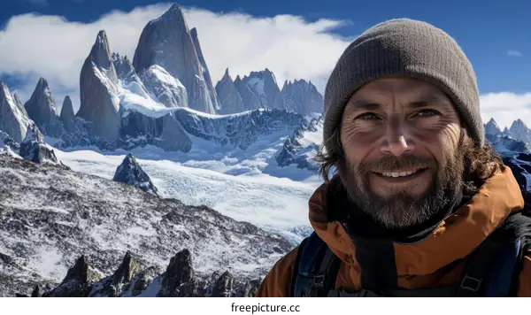 Adventurous Man in the Snowy Mountains