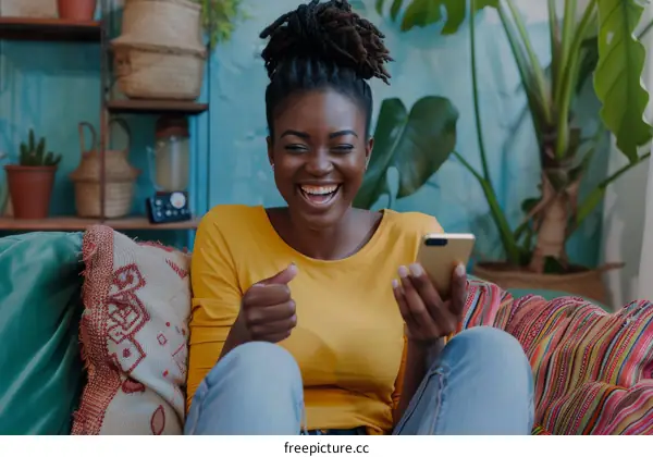 Laughing African American woman using smartphone sitting on couch at home