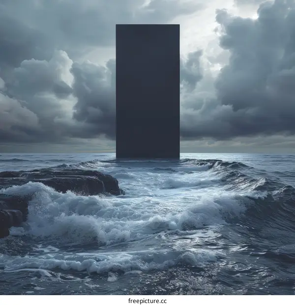 A dark rectangular monolith emerges from the ocean