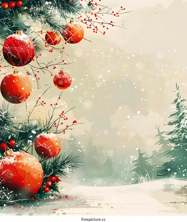 Christmas Tree With Ornaments And Snowflakes