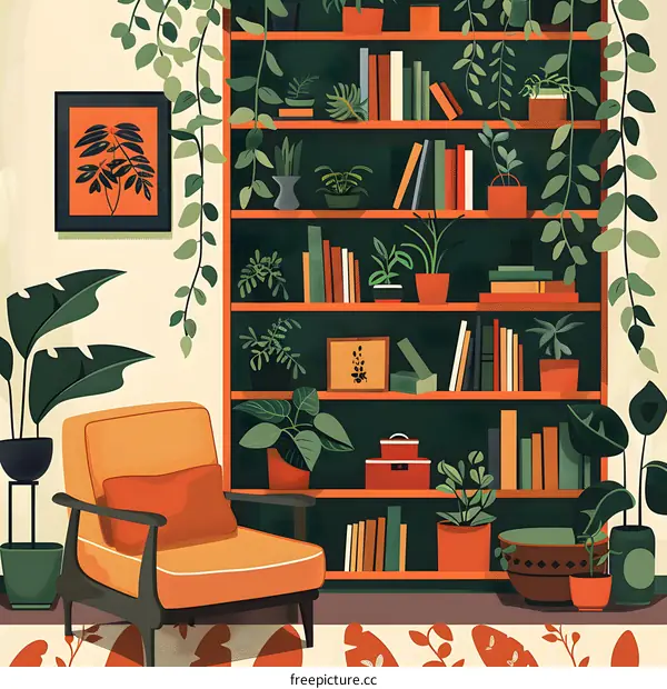 Cozy Living Room With Bookshelf and Plants Illustration