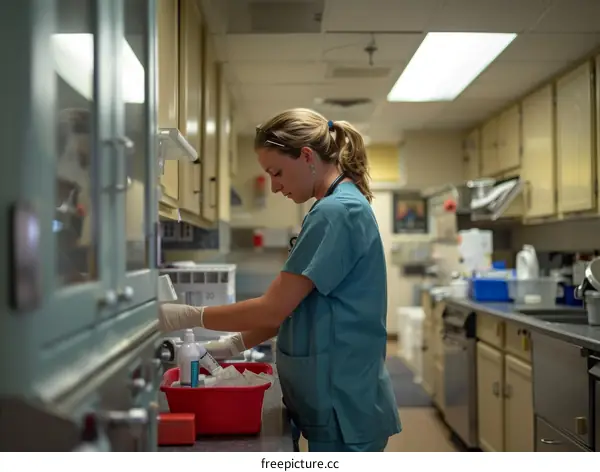 Young woman in blue uniform working in a lab