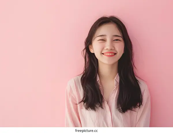 Smiling Asian Woman in Pink Shirt Against Pink Wall
