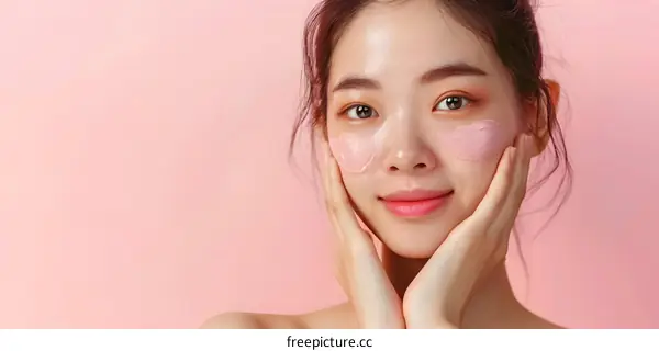 Beautiful Asian Woman Applying Facial Mask on Pink Background