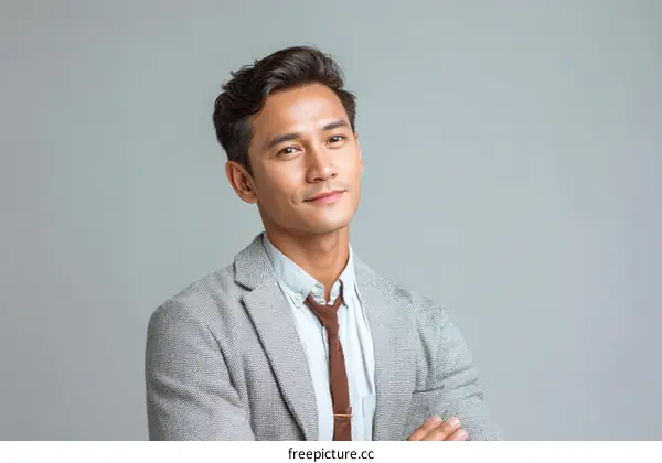 A young man in a gray suit with arms crossed looks confident