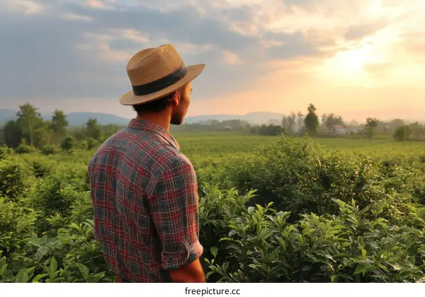 Man Contemplating a Tea Plantation at Sunset