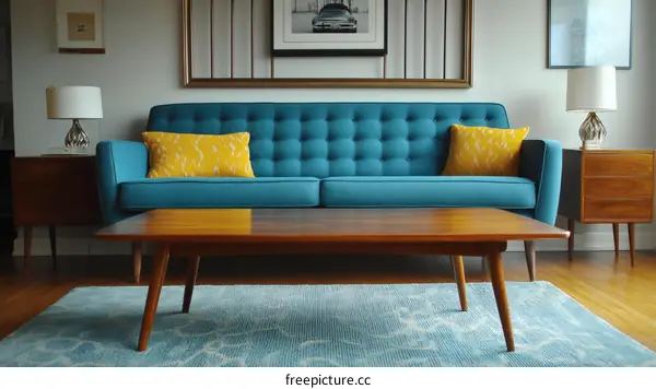 Mid-Century Modern Living Room with Teal Sofa