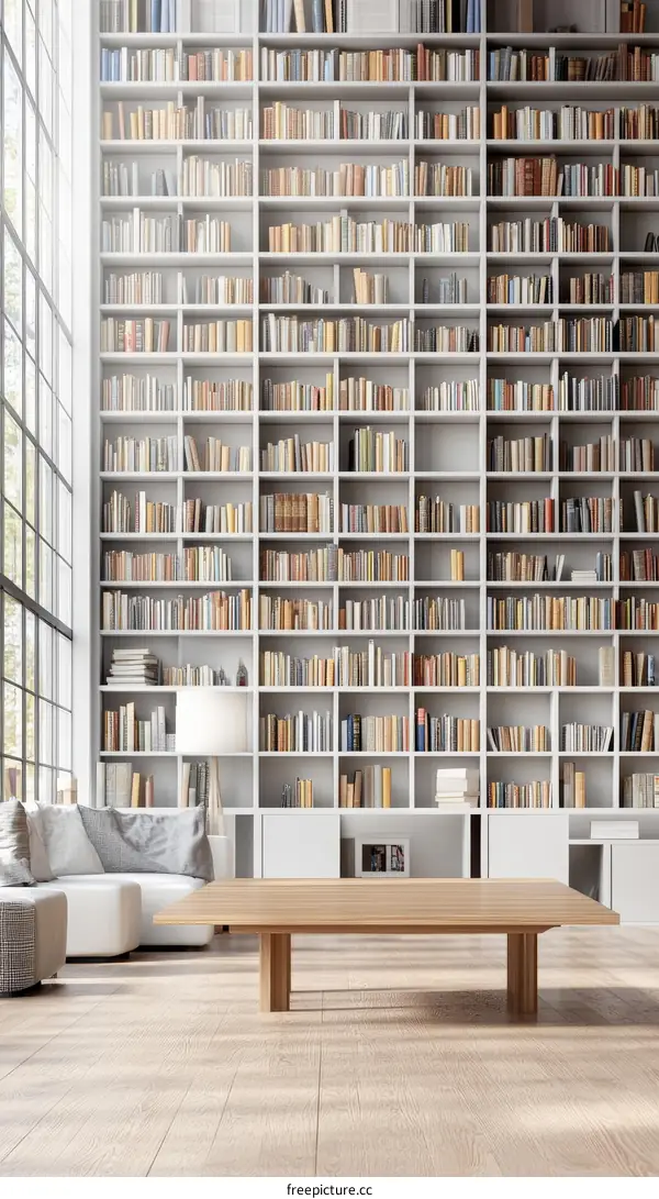 Modern Minimalist Living Room with Bookshelves