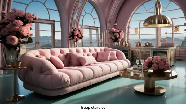 pink retro futuristic living room interior design