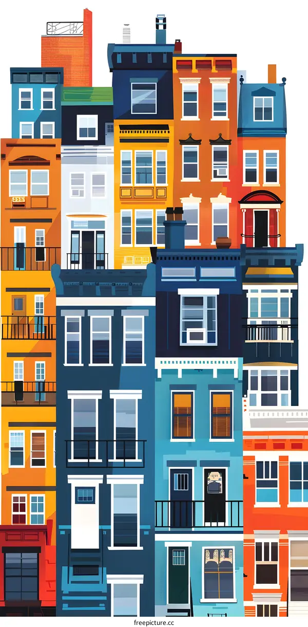 Colorful Row of Townhouses with Windows