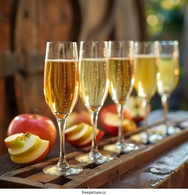 Sparkling Cider in Glasses with Apples