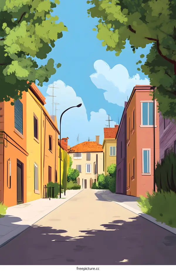 Cartoon Illustration of Colorful Houses in an Italian Village
