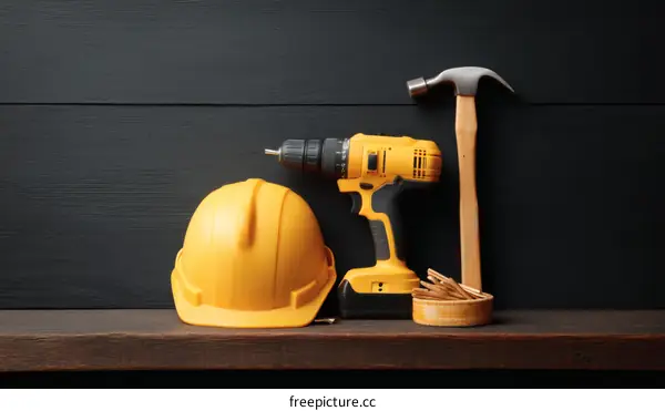 Construction Tools on Wooden Shelf