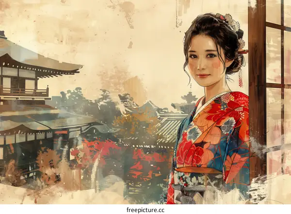 An illustration of a Japanese woman wearing a kimono standing in front of a traditional Japanese house.