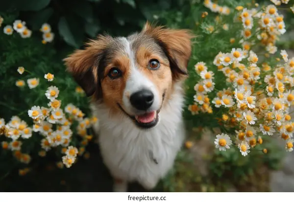 Dog Surrounded by Flowers in a Garden